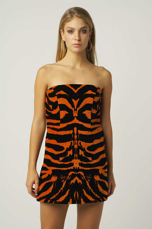 Abael Zebra Desenli Taba Mini Elbise