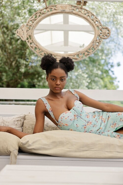 Diletta Satin Floral Patterned Green Midi Dress