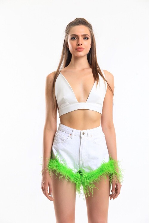 Pia Neon Green Feather Detailed Denim Shorts