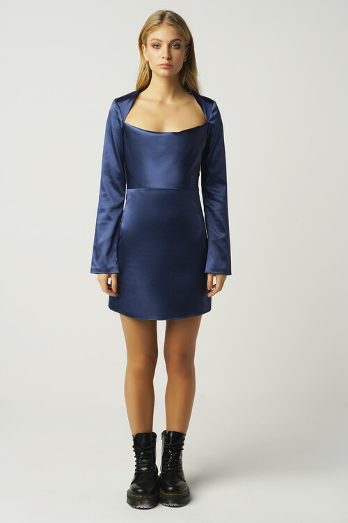 Velovis Degajee Navy Blue Satin Mini Dress