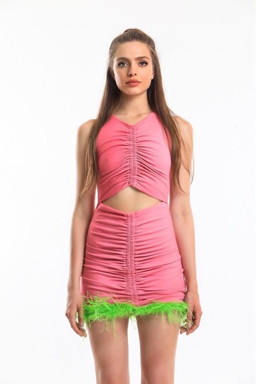 Dasha Pleated Feather Detailed Pink Mini Dress