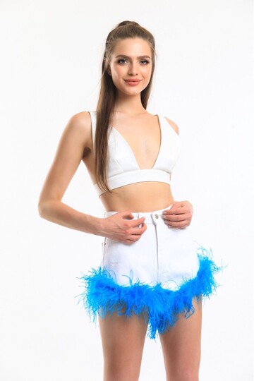 Pia Blue Feather Detailed Denim Shorts