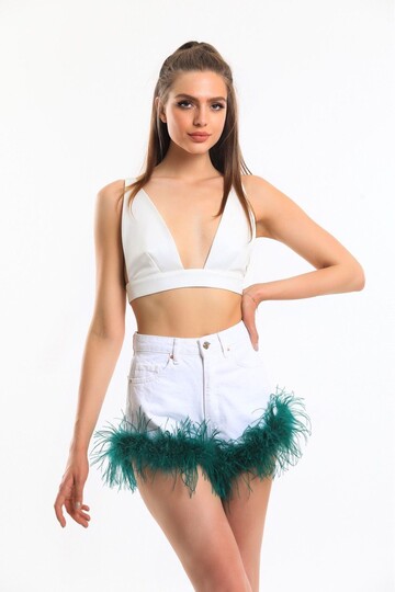 Pia Green Feather Detailed Denim Shorts
